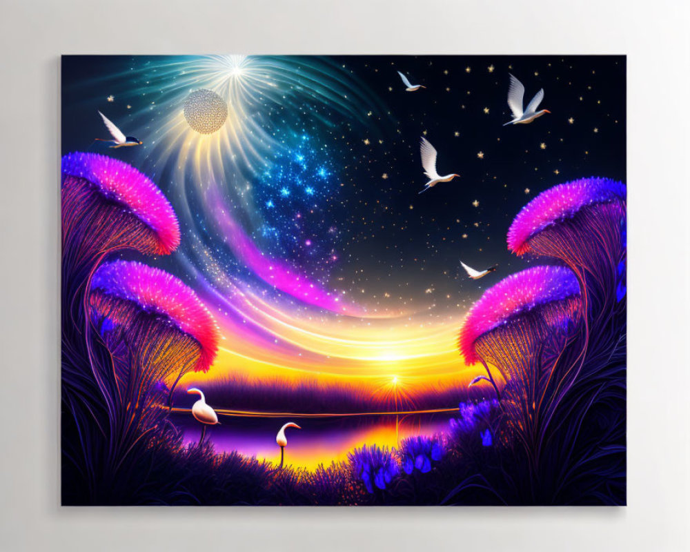 Digital art: Glowing purple trees, sunset over lake, birds, starry sky