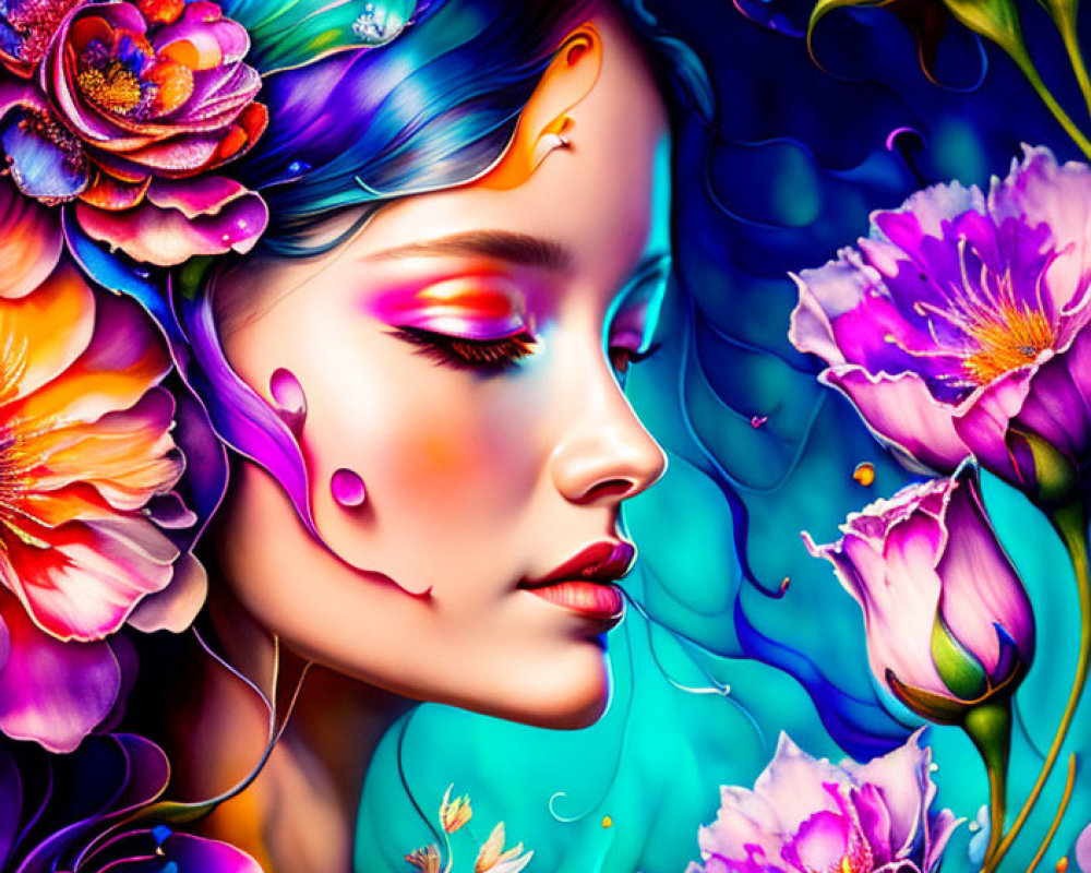 Colorful artwork of woman with integrated floral elements in purple, blue, and pink