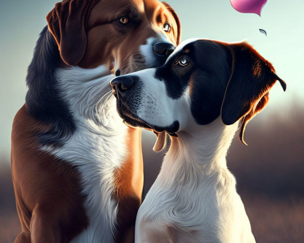 Two dogs with heart-shaped balloon - Affectionate scene of companionship