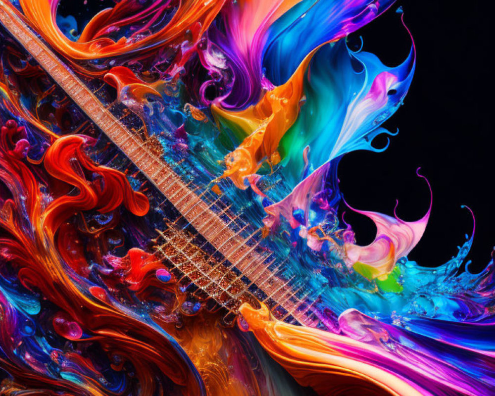 Colorful abstract paint swirl on guitar creates dynamic fusion