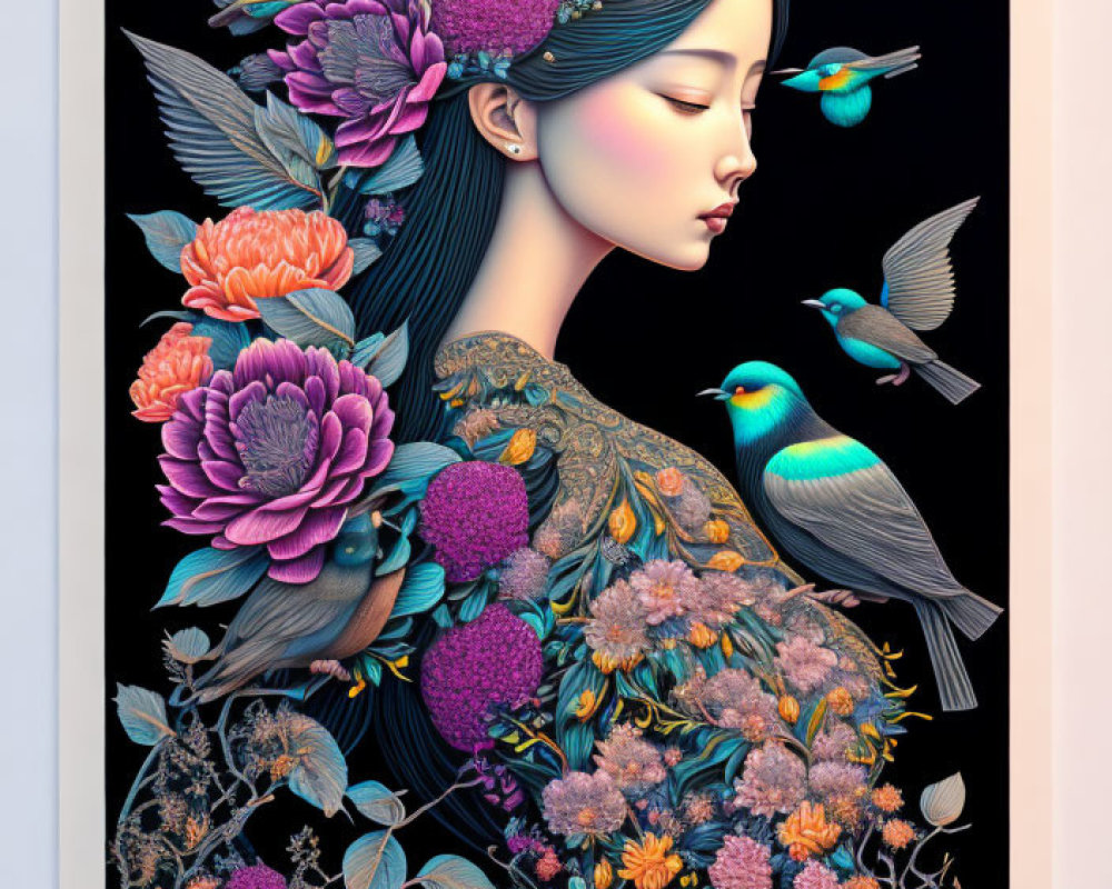 Colorful floral portrait of a woman with birds in surreal harmony