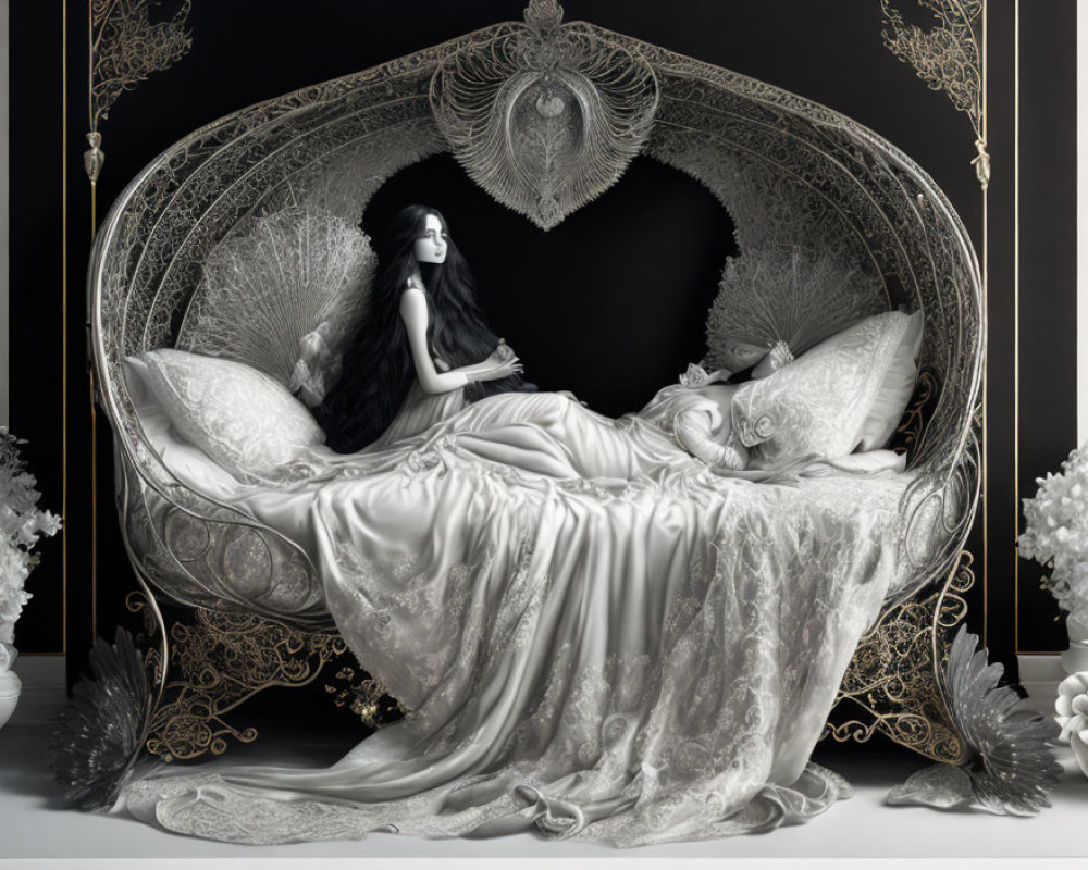 Monochromatic image of woman reclining on ornate bed in heart-shaped frame