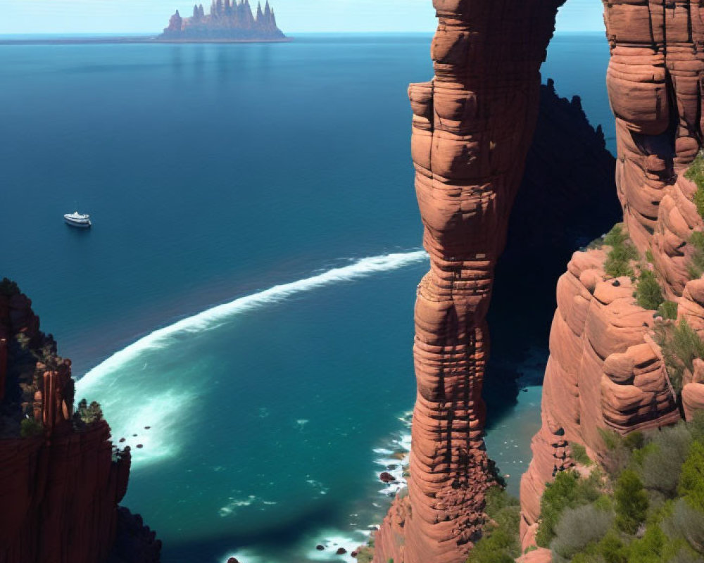 Majestic red rock formations by the serene blue ocean