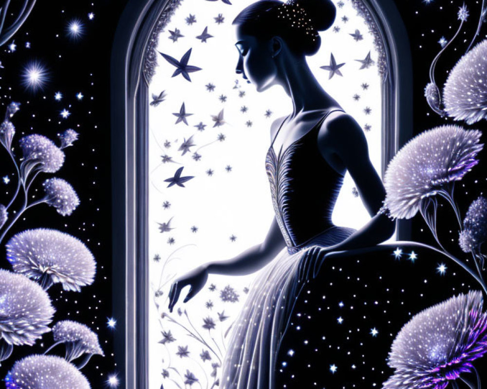 Silhouetted woman at arched window under starry sky with flowers