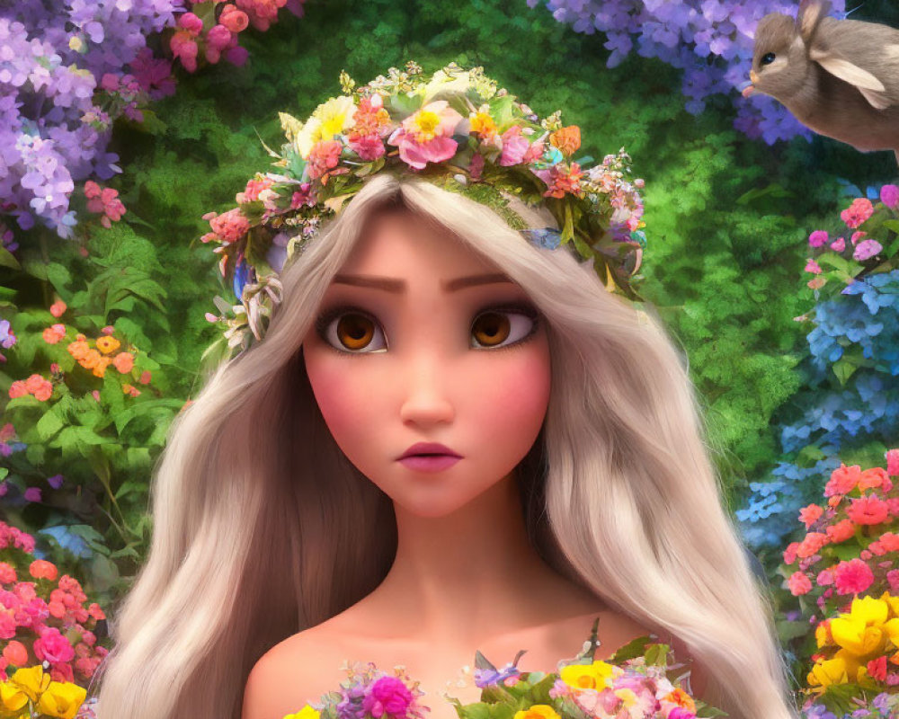 Young woman with silver hair and flower crown in vibrant floral setting with rabbit.