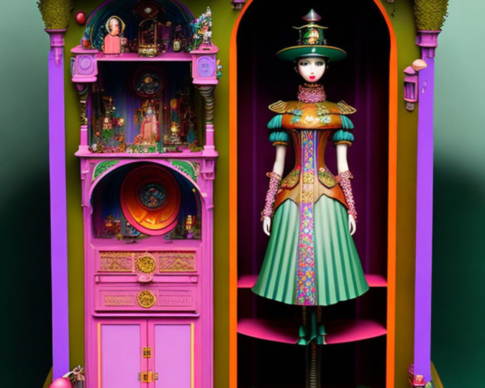 Colorful Dollhouse with Ornate Doll & Miniature Rooms