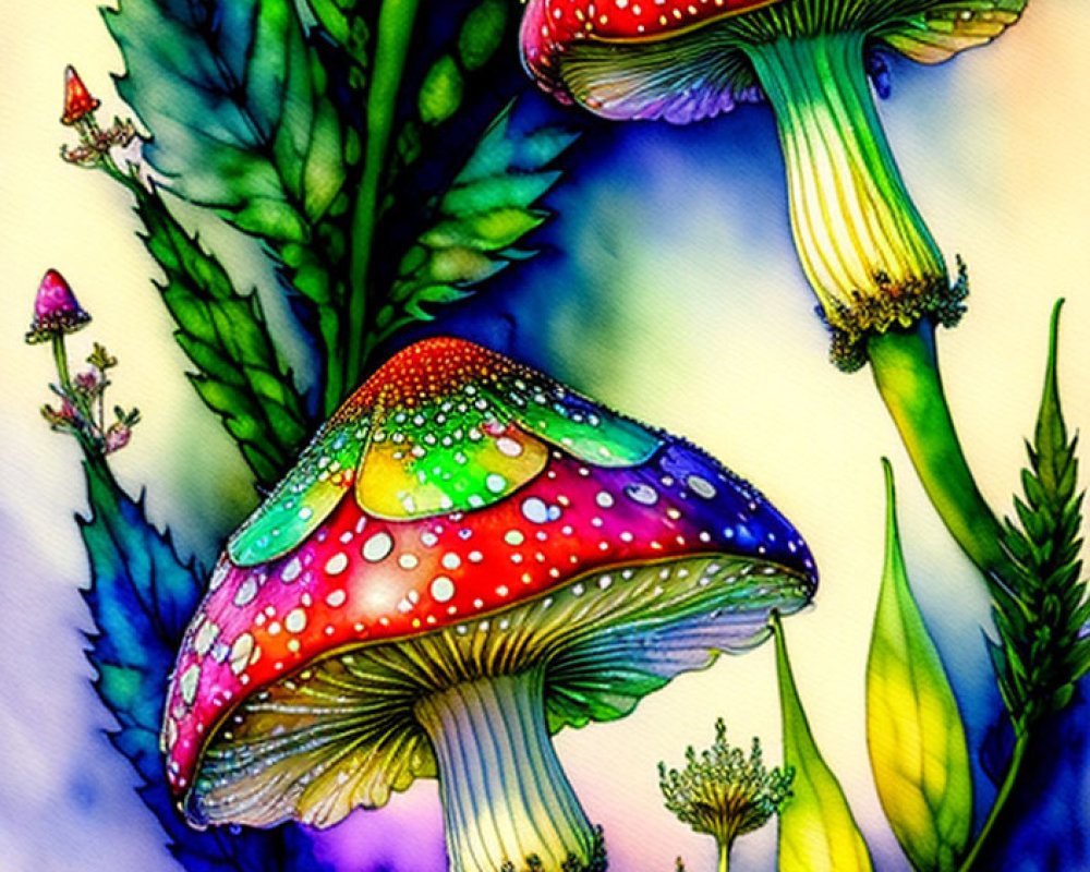 Colorful Fantasy Mushroom Illustration with Dotted Caps and Green Foliage