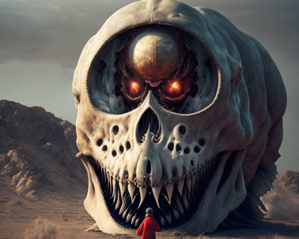 Mysterious figure in red cloak confronts glowing-eyed skull in desert