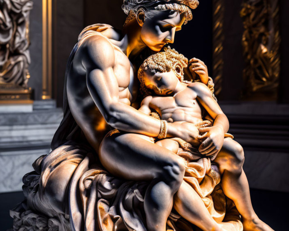 Marble sculpture of seated woman with child, intricate detailing, dark background, golden accents