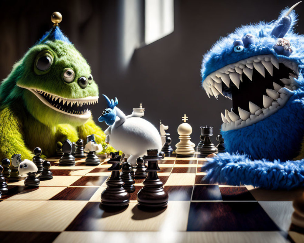 Animated green and blue monsters playing chess indoors on a sunny day