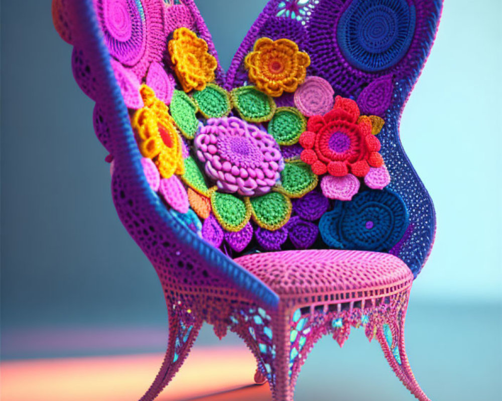 Colorful Butterfly-Shaped Crochet Chair with Floral Designs