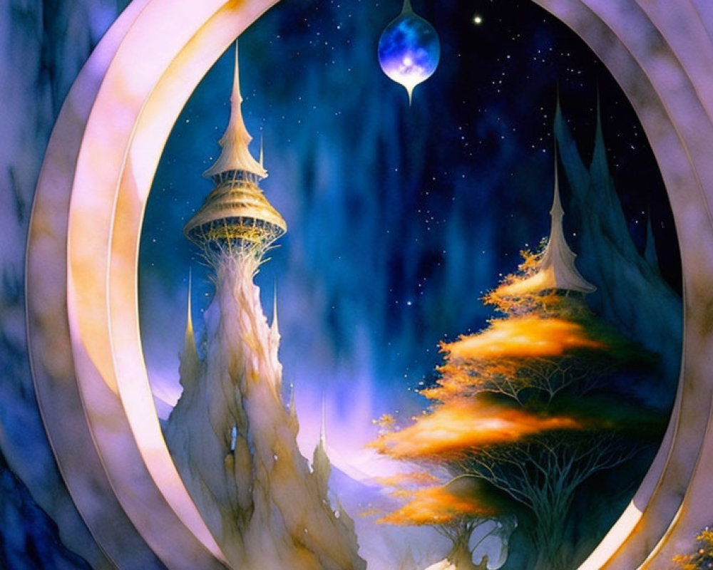 Fantastical landscape with glowing full moon and tower.