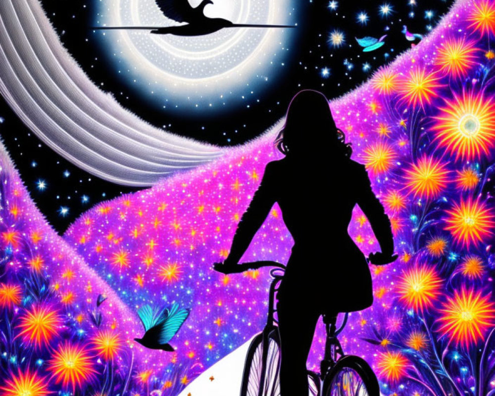 Silhouette biking in vibrant cosmic landscape with flowers, stars, birds