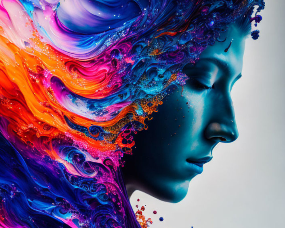 Colorful Side Profile Portrait with Swirling Hair and Background