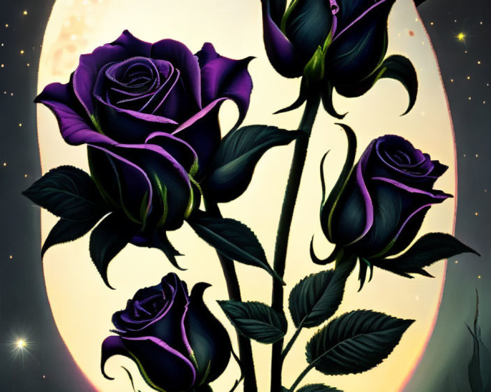 Dark Purple Roses with Full Moon and Stars in Mystical Night Scene