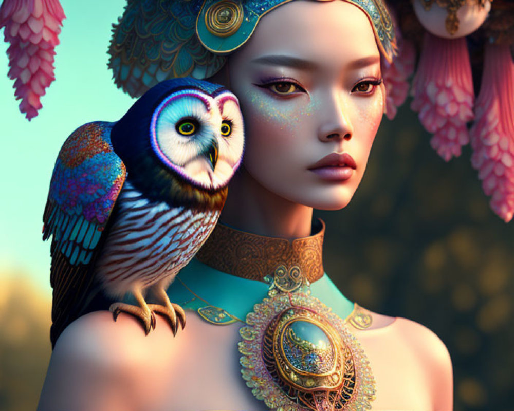 Digital Artwork: Woman with Elaborate Headdress and Owl on Shoulder