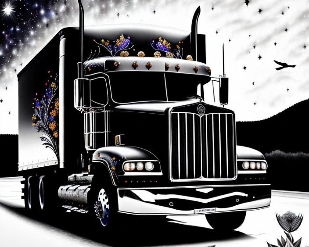 Stylized black semi-truck with decorative patterns under starry sky and birds in flight.