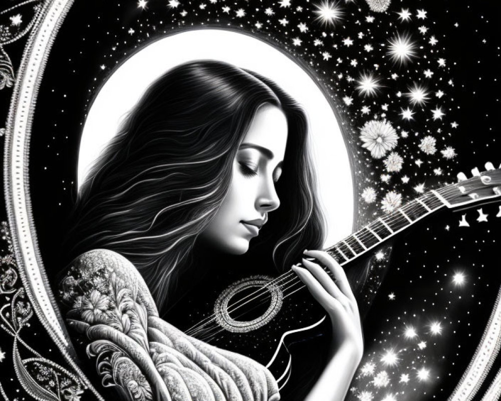 Monochromatic illustration of woman playing guitar under crescent moon