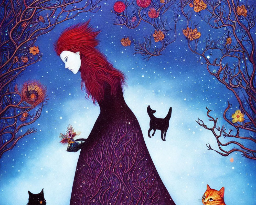 Illustration of Woman with Red Hair, Cats, and Night Sky