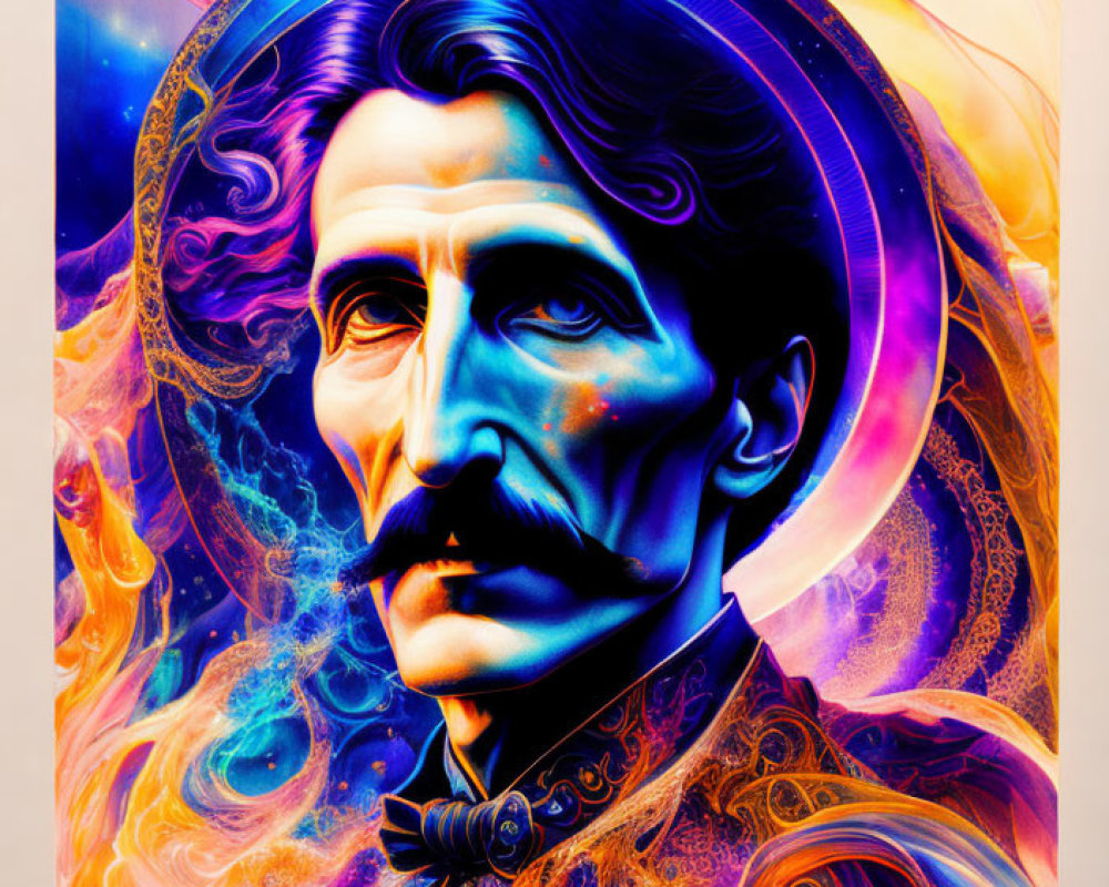 Colorful digital portrait of a man with stylized hair and mustache in cosmic setting