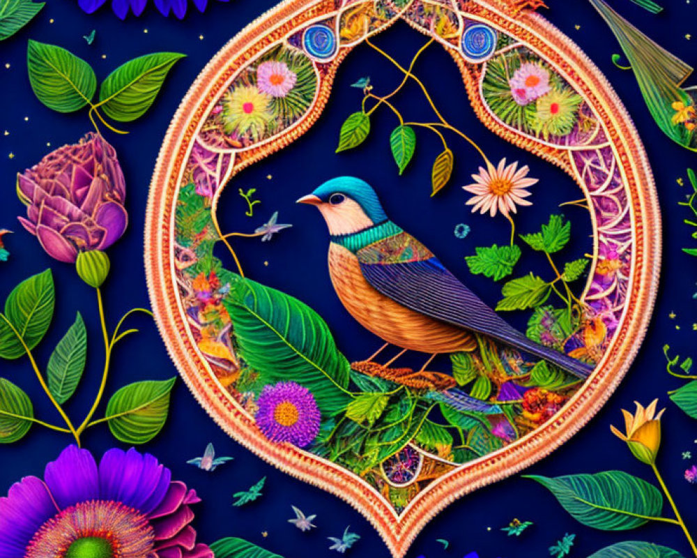 Colorful Birds and Heart-shaped Flora on Dark Blue Background