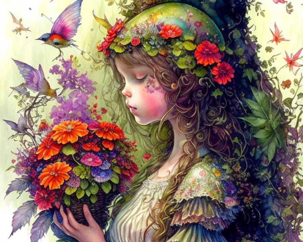 Illustration of young girl with flowers and bird in lush greenery