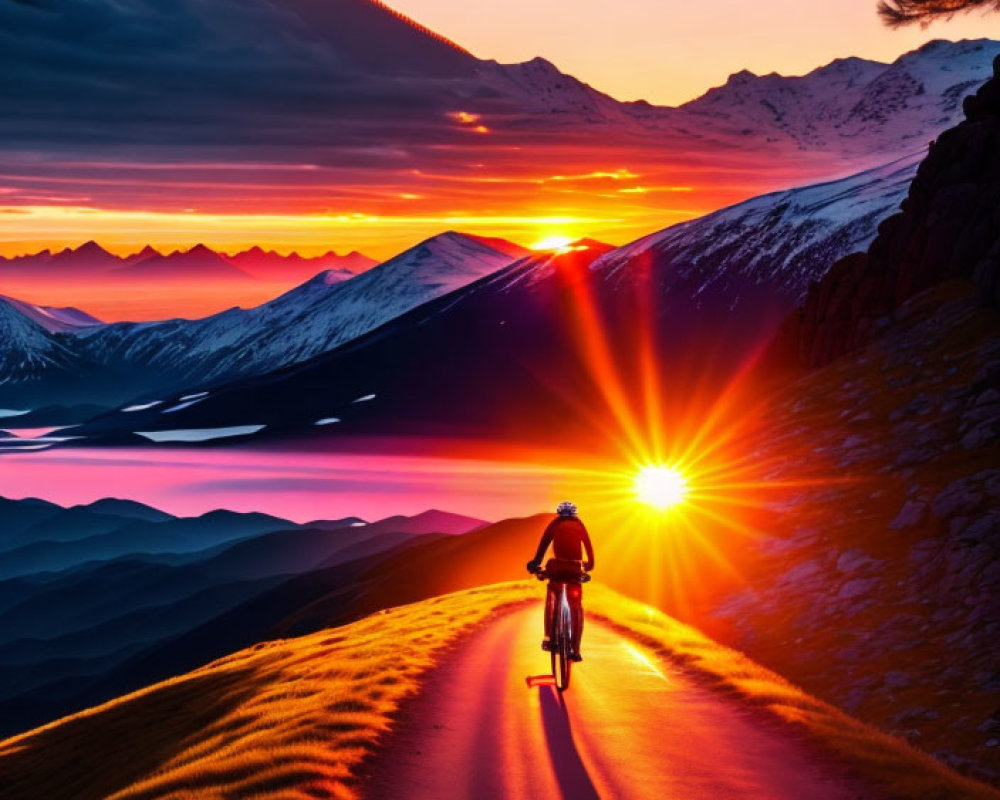 Cyclist riding on mountain road at sunset