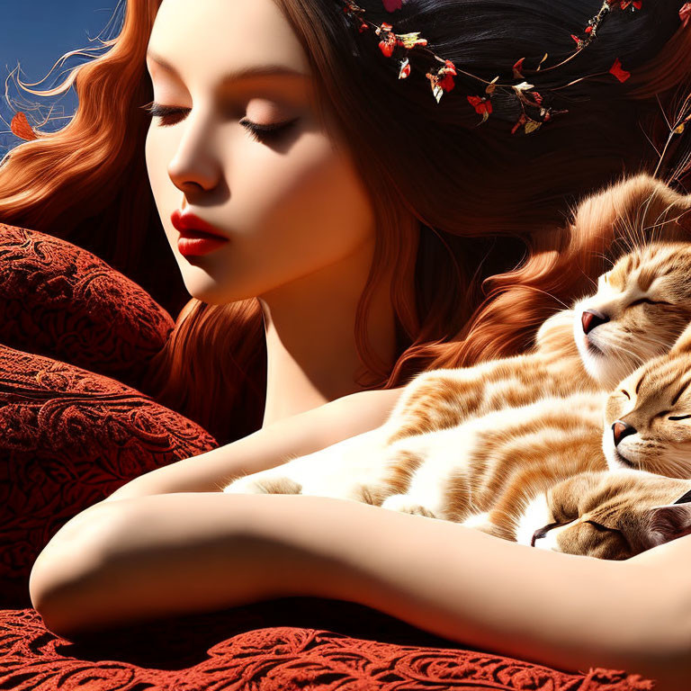 Auburn-Haired Woman with Cat and Floral Headpiece on Red Background