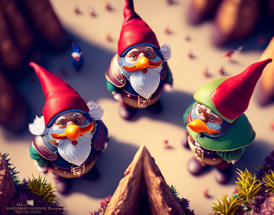 Three whimsical garden gnomes with red hats and beards in a sunny forest.