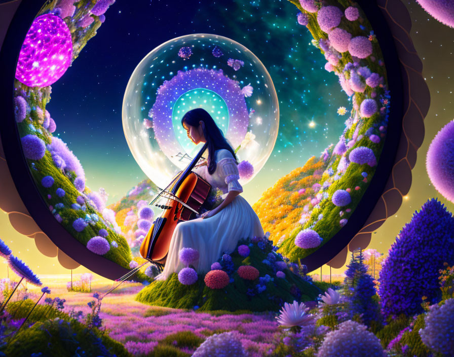 Woman Playing Cello in Fantastical Flower Field with Cosmic Backdrop