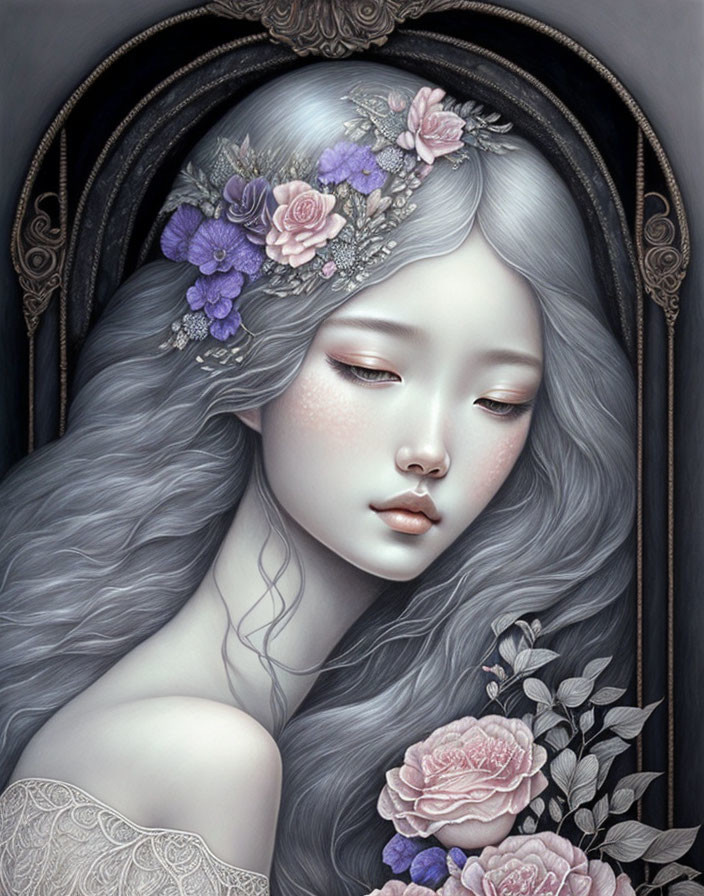 Illustration: Ethereal female with gray hair and floral crown in dreamlike setting