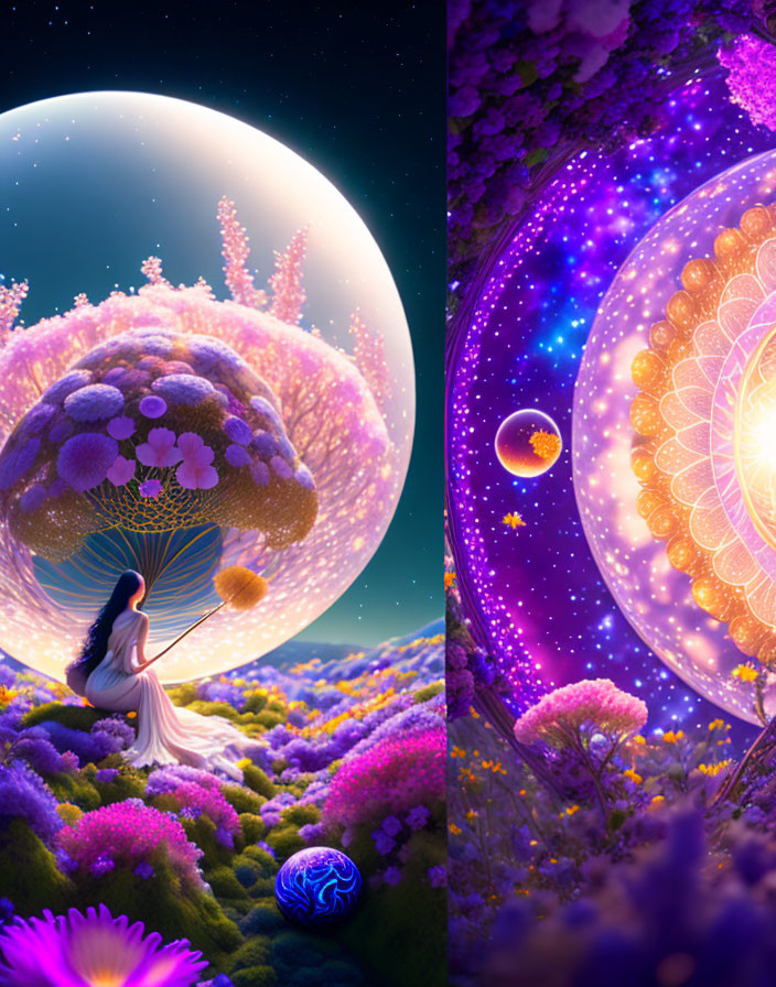 Split image: Woman in white dress in vibrant fantasy landscape with moons, flowers, celestial backdrop