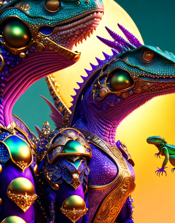 Vibrant digital dragons with gem-like textures on teal background