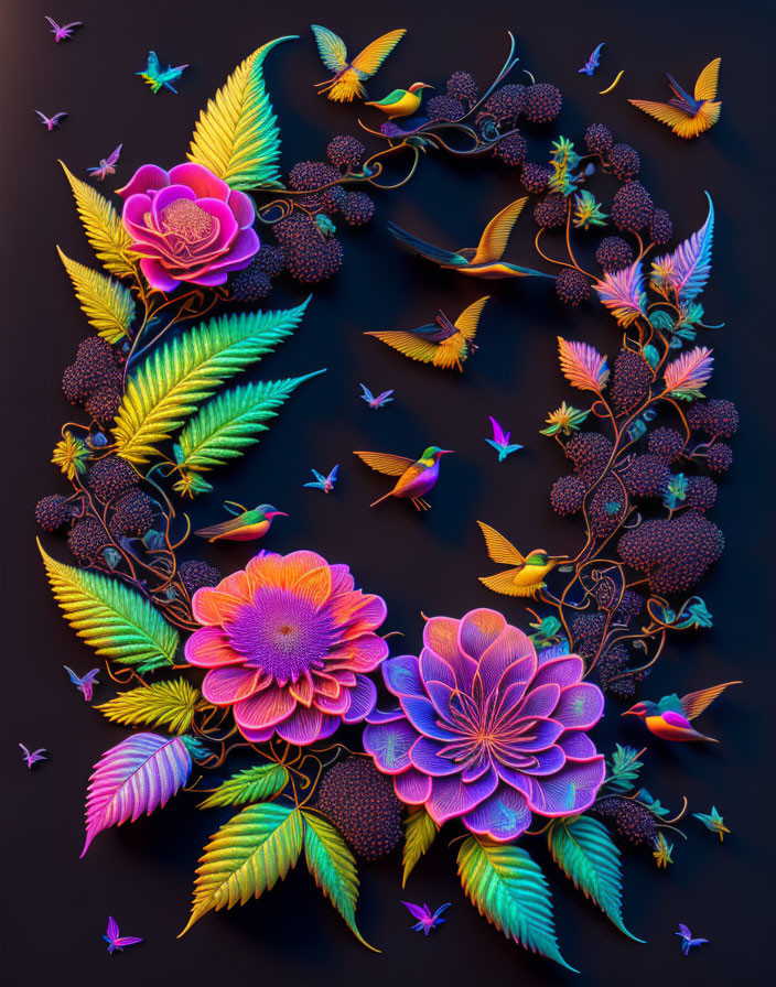 Colorful digital artwork: Neon flora and fauna with birds and butterflies in lush botanical setting.