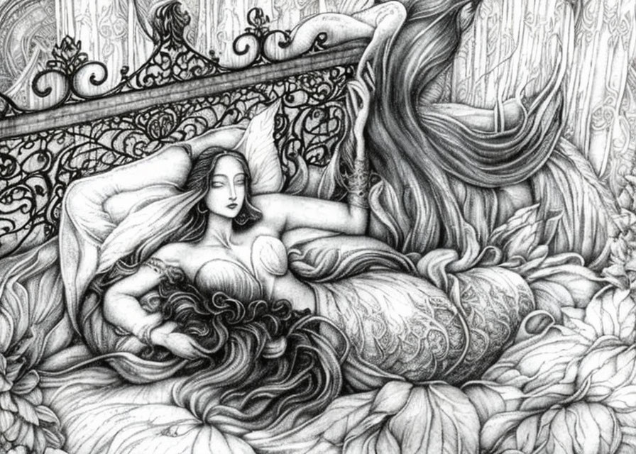 Monochromatic illustration of woman on ornate bed with flowing hair.