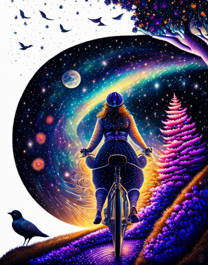 Cyclist under star-filled sky with vibrant tree and celestial bodies