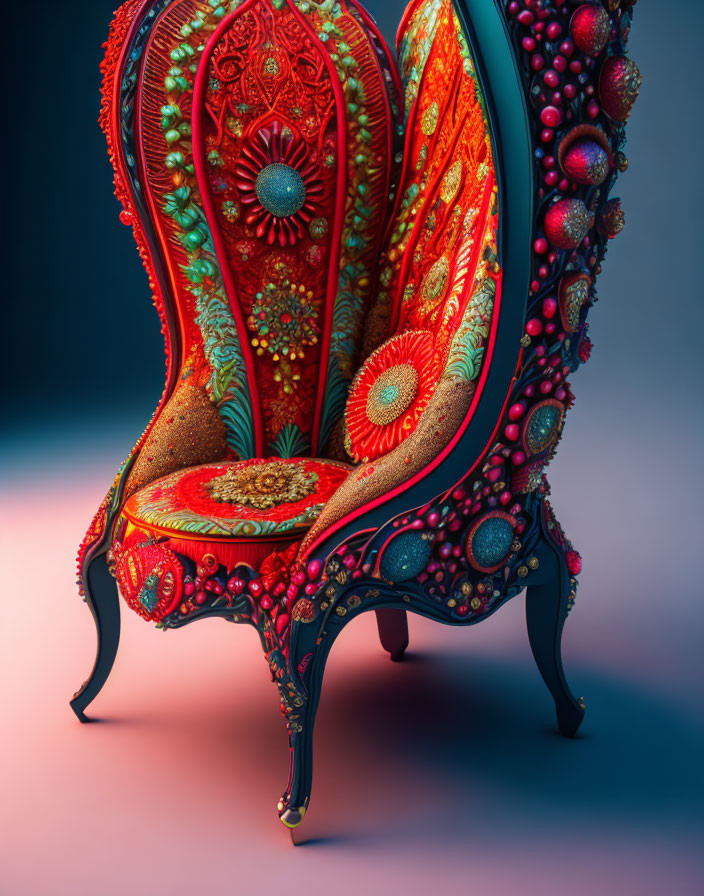 Colorful ornate chair with red and orange patterns and beads on teal background