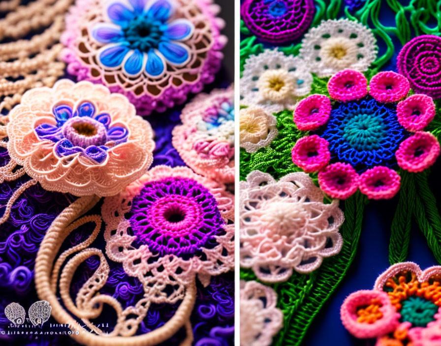 Colorful Handmade Crochet Lace Flowers on Dark Background