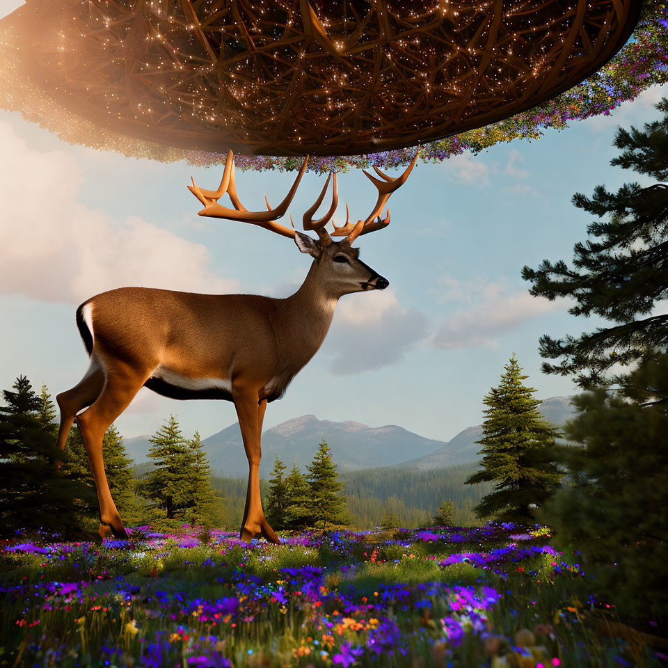 Majestic stag in vibrant meadow with lattice structure and mountains.