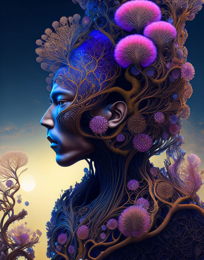 Fantastical profile view digital artwork with tree and floral elements against twilight sky