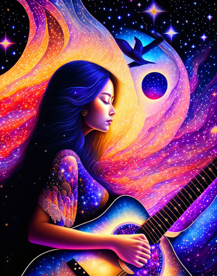 Colorful woman playing guitar in cosmic background with stars and bird