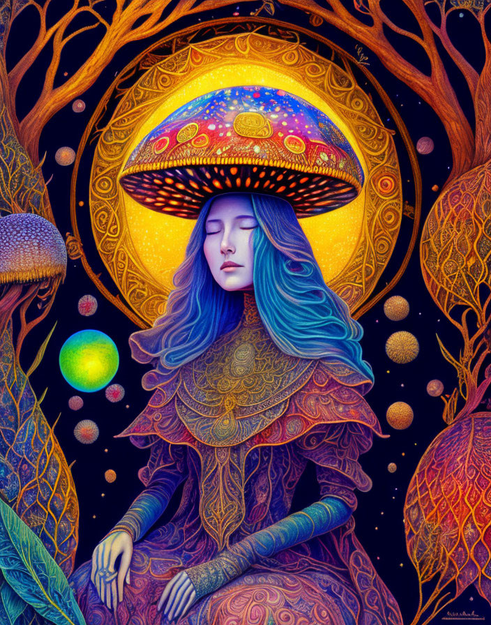 Illustration of woman with blue hair and mushroom crown in mystical starry forest