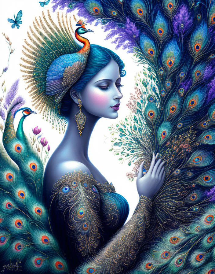 Stylized woman with peacock features and butterfly in vibrant illustration