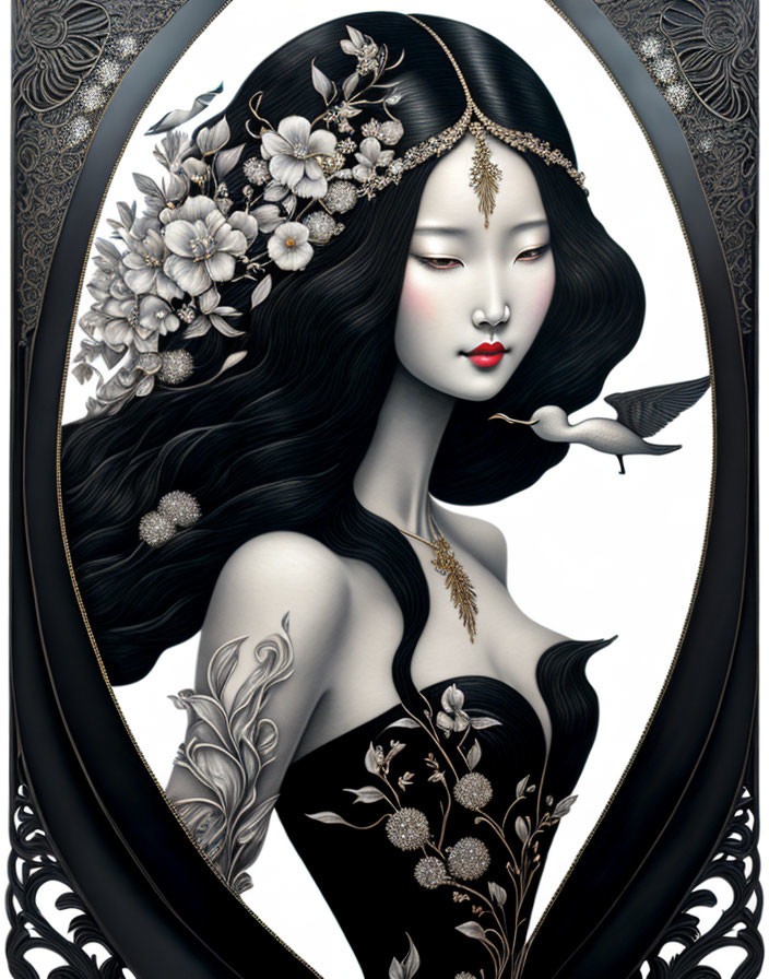 Illustration of woman with long black hair, flowers, bird, and ornate oval border