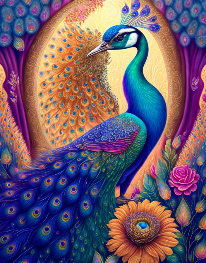 Colorful Peacock Illustration with Floral Patterns and Feathers