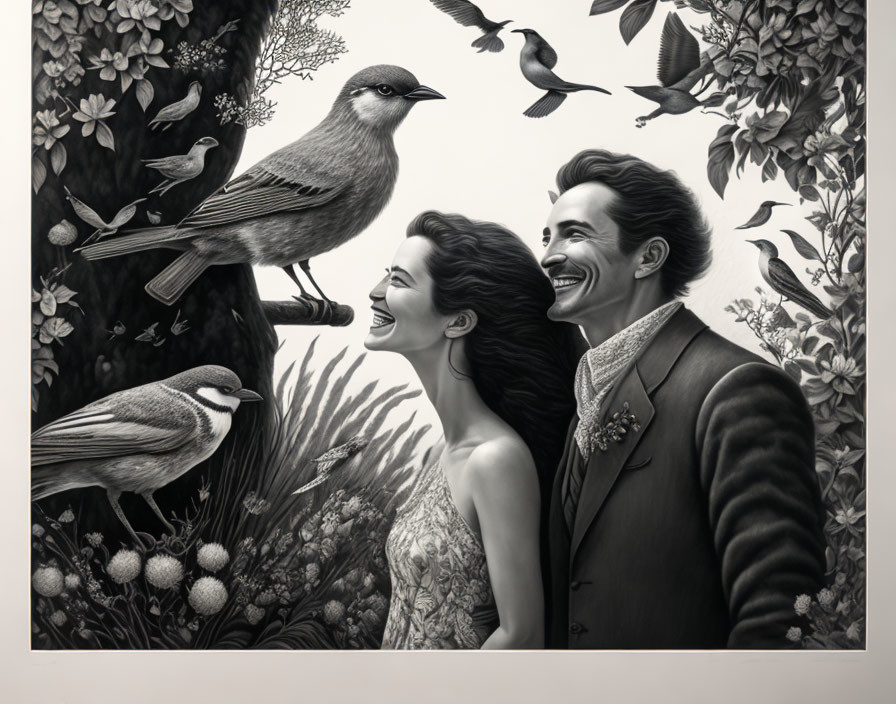 Monochrome illustration: Joyful couple with birds and lush foliage