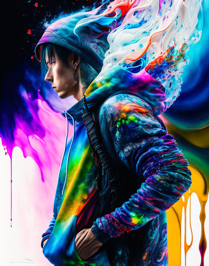 Colorful profile portrait with paint-like explosion of colors for surreal effect