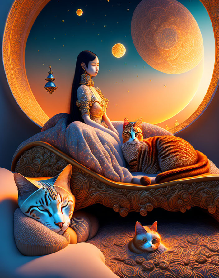 Illustration of woman on crescent moon with planets, cats, orange and blue sky