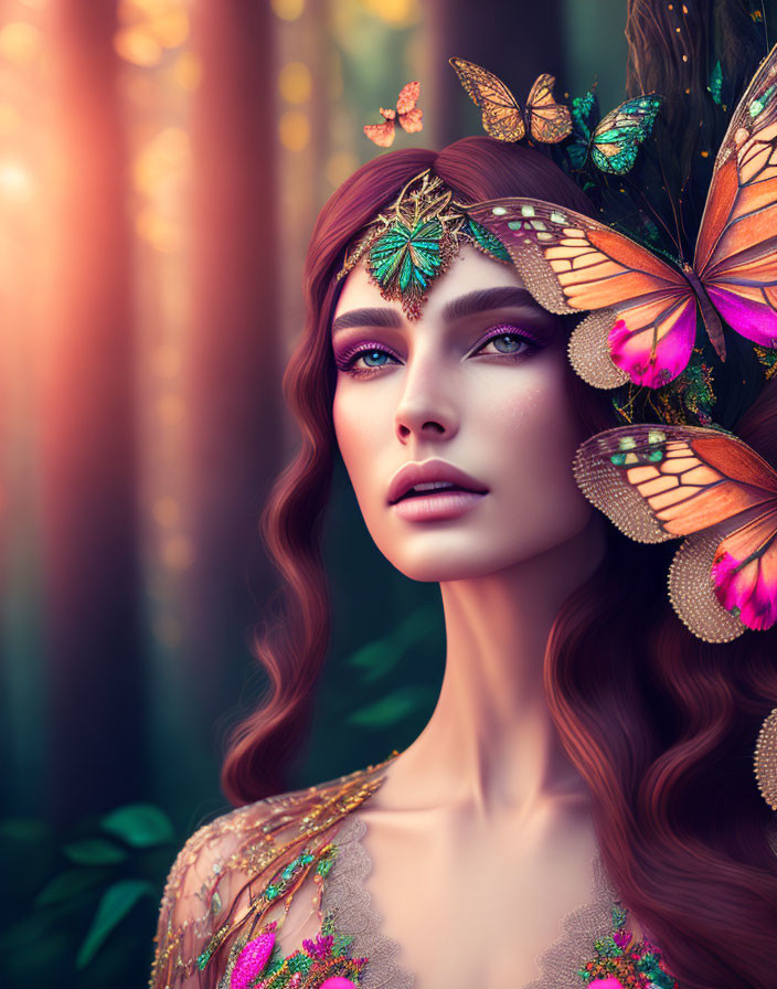 Woman with Butterflies in Hair in Vibrant Forest Setting