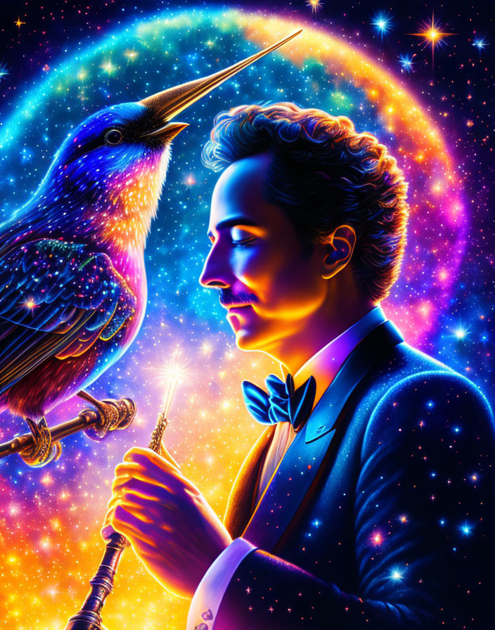 Colorful cosmic-themed illustration: man in tuxedo with sword and hummingbird in starry space